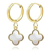 Four Leaf Clover Dangle Drop Earrings for Women 18K Gold Plated Huggie Hoop Earrings with Mother of Pearl White/Onyx Black Lucky Clover Jewelry Christmas Gifts [CVER-WH-G]