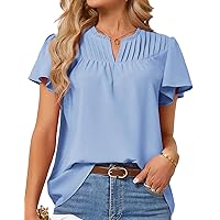 JASAMBAC Women's Summer Dressy Casual Blouses Business Work Tops V Neck Short Sleeve Pleated Front Flowy T Shirts Blouses