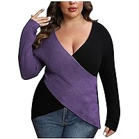 Womens Contrast Cross Wrap Lightweight Sweaters V Neck Long Sleeve Fashion Knit Pullover Casual Color Block Jumpers