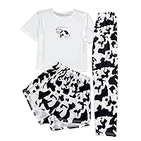 WDIRARA Women's 3 Pieces Sleepwear Cartoon Cow Print Top and Shorts with Pants Pajama Set