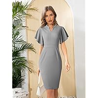 Dresses for Women Notch Neck Butterfly Sleeve Dress (Color : Gray, Size : X-Large)