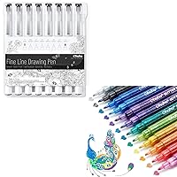 Ohuhu Micro Fineliner Drawing Pens 8 Sizes Pigment Black Ink Water & Alcohol Proof Glitter Markers Pen 12 Colors Metallic Shimmer Marker Fine Point Water-based Ink