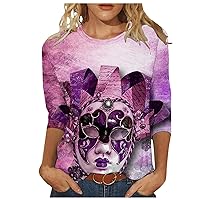 Womens 3/4 Length Sleeve Tops 2024, Mardi Gras and Casual Fashion Style Shirts Crew Neck Loose-Fitting Blouses
