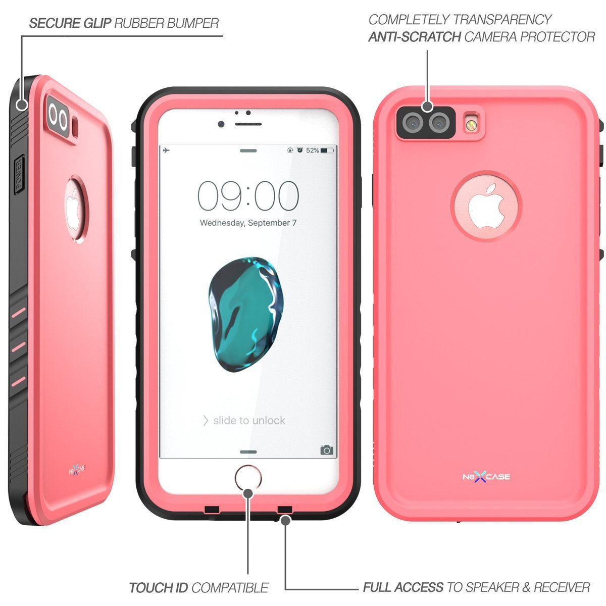 iPhone 7 Plus Case, NexCase Waterproof Full-body Rugged Case with Built-in Screen Protector for Apple iPhone 7 Plus 5.5 inch 2016 Release (Pink)