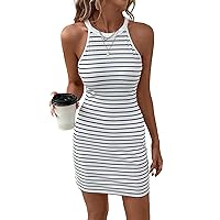 MARZXIN Halter Academic Style Black and White Striped Dress for Women Short Dress