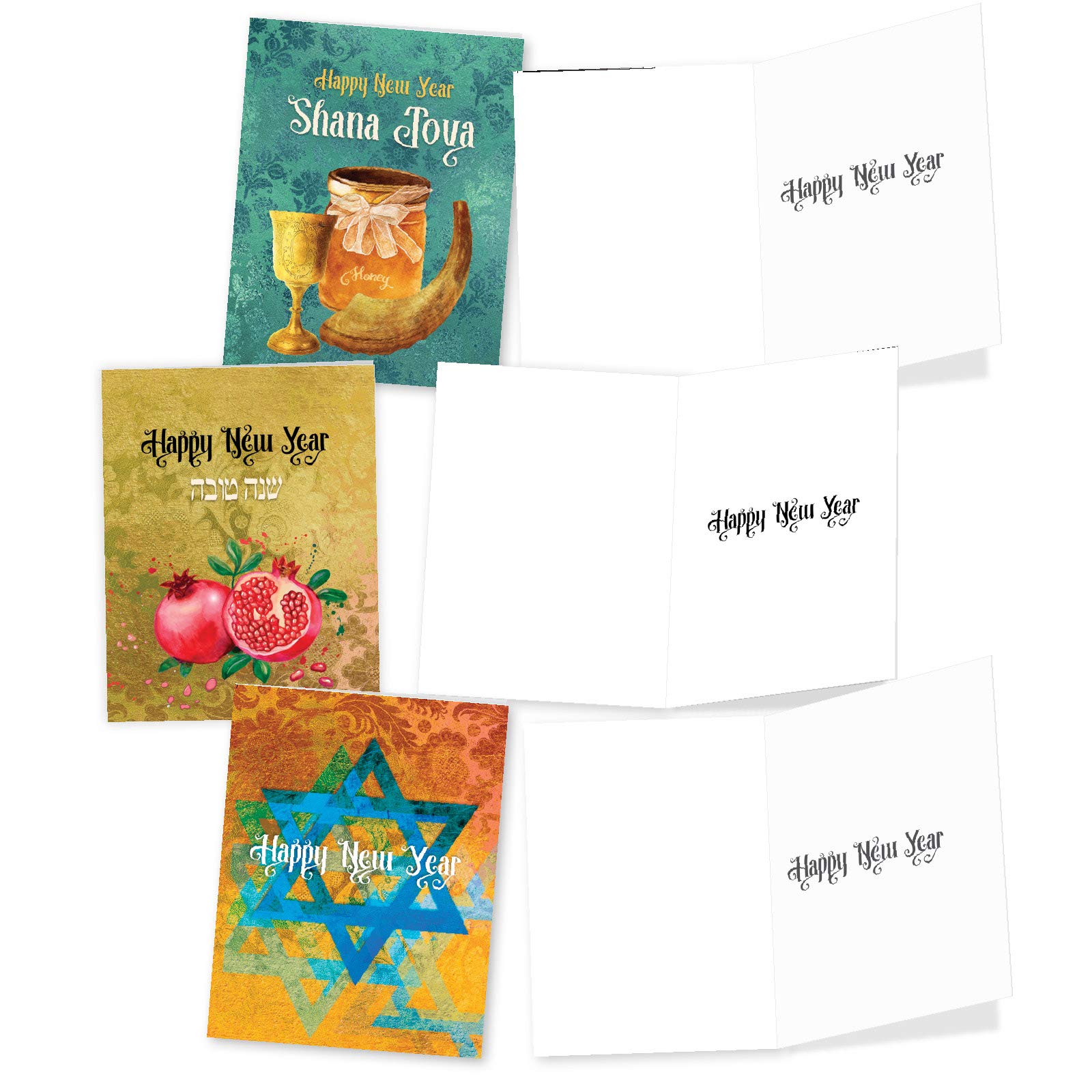 Shana Tova - 10 Assorted Jewish New Years Cards with Envelopes (4 x 5.12 Inch) - Rosh Hashanah Celebration Greetings - Boxed, Religious Happy Holiday Note Card Set AM6135RHG-B1x10