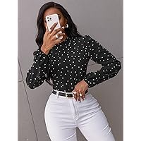 Women's Tops Sexy Tops for Women Shirts Confetti Heart Print Bishop Sleeve Frilled Neck Blouse Shirts for Women (Color : Black, Size : Medium)