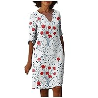 Linen Dress for Women Summer Casual Print Straight Loose Fit Fashion with Half Sleeve V Neck Knee Dresses