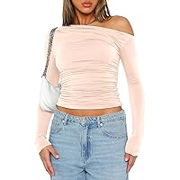 Darong Women's Casual Long Sleeve Boat Neck Off Shoulder Slim Fit Crop Top Going Out Blouses Y2K Tight Shirts