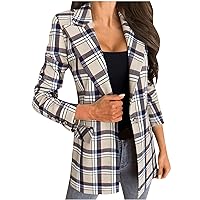 Women Casual Plaid Blazer Open Front Button Lapel Long Sleeve Jackets Slim Work Business Jacket Blazers with Pockets
