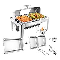 9QT Roll Top Chafing Dish Buffet Set, Rectangular Chafing Dishes for Buffet with Visible Lid, Serving Utensils, Stainless Steel Chafers for Catering for Parties, Events (2 Half-Size)