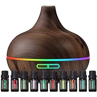 Ultimate Aromatherapy Diffuser & Essential Oil Set - Ultrasonic Diffuser & Top 10 Essential Oils - 300ml Diffuser with 4 Timer & 7 Ambient Light Settings - Therapeutic Grade Essential Oils Dark Oak