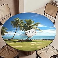 Round Fitted Tablecloth Waterproof Table Cloth with Elastic Edge Design Beach Coconut Tree Table Covers Vinyl Tablecloths for Picnic Wipeable Table Cloth for Indoor Outdoor