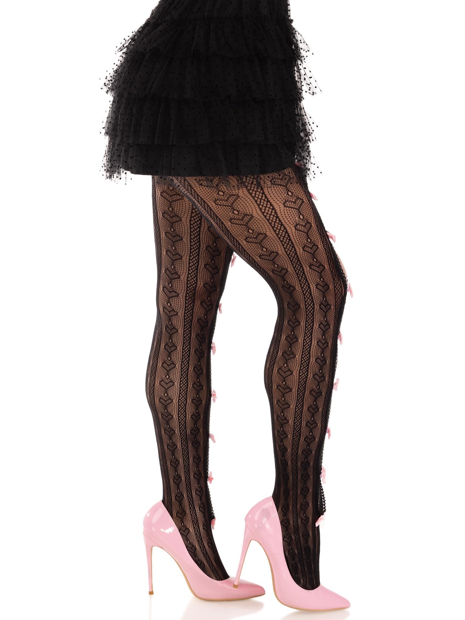 Leg Avenue Womens Sweetheart Striped Net Tights With Keyhole and Mini Bow Detail