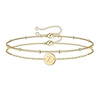 MONOZO Mothers Day Gifts for Mom Wife - Gold Initial Bracelets for Women Dainty 14K Gold Filled Layered Beaded Letter Initial Bracelet Personalized 26 Alphabet Disc Monogram Charm Bracelet Mom Gifts