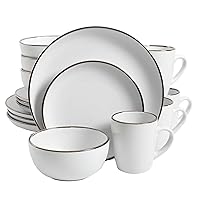 Home Rockaway Round Stoneware Dinnerware Set, Service for 4 (16pcs), Matte White/Metallic Rim