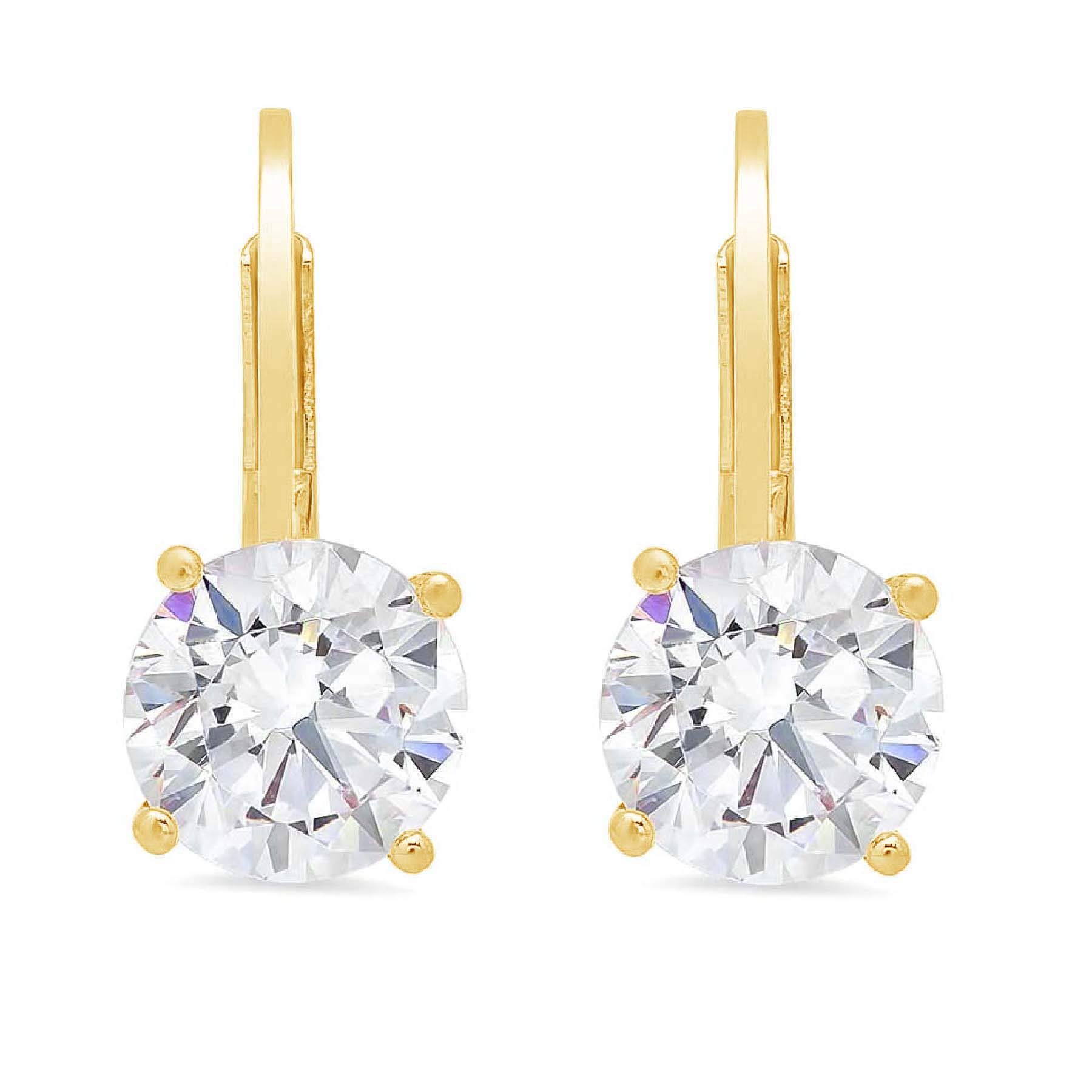 1Ct Brilliant Round Cut - Drop Dangle Earrings - Clear Simulated Diamond - 14K Yellow Gold - Lever Back
