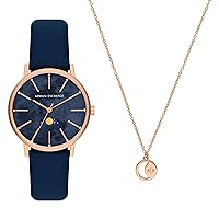 A｜X ARMANI EXCHANGE Women's Multifunction Moonphase Blue Leather Band Watch and Rose Gold-Tone Brass Necklace Gift Set (Model: AX7149SET)