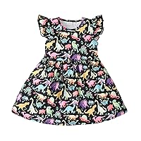 Toddler Girls Child Fly Sleeve Cartoon Dinosaur Prints Summer Beach Sundress Party Dresses Princess Dress Girls