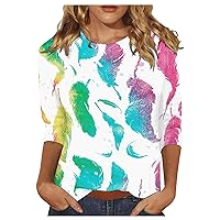 Womens 3/4 Sleeve Tops and Blouses Feather Floral Print Tshirts Trendy Loose Fit Crewneck Casual Summer Blouses