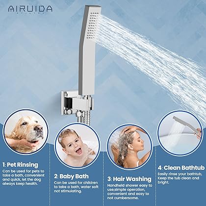 Airuida 12 Inch Square Chrome Polish Ceiling Shower System Set SUS304 Ceiling Mount Rain Shower Head with Handheld Spray 2-Functions Rain Mixer Shower Faucet Set Contain Rough-In Valve