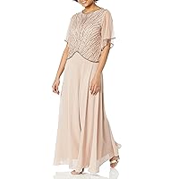 J Kara Women's Flutter Sleeve Mock 2 Piece Embellished Sequin Flare Long Dress