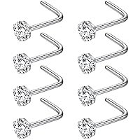 PunkTracker 8Pcs Nose Rings Studs 316L Surgical Steel Nose Studs 1.5mm 2mm 2.5mm 3mm CZ Nostril Piercing Jewelry L Shaped Nose Rings for Women Men 20g/18g