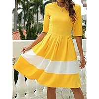 Dresses for Women - Colorblock Fold Pleated Detail Dress (Color : Yellow, Size : Medium)