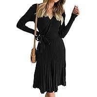 ZESICA Women's 2024 Fall Long Sleeve Wrap V Neck Ribbed Knit Pleated A Line Pullover Sweater Dress with Belt