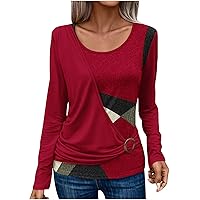 Women's Fashion Tshirts Long Sleeve Tops Geometric Patterns Shirts Round Neck Casual Tees Color Block Blouses T Shirts
