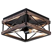 Flush Mount Light Fixture, 2-Light Rustic Ceiling Light Combine with Metal and Wood Frame, Farmhouse Ceiling Light for Kitchen Hallway Entryway Bedroom Porch Living Room
