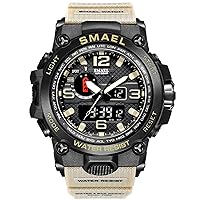 SMAEL Watches for Men 50M Waterproof Clock Alarm 1545D Dual Display Wristwatch Quartz Military Watch Sport New Mens-Khaki