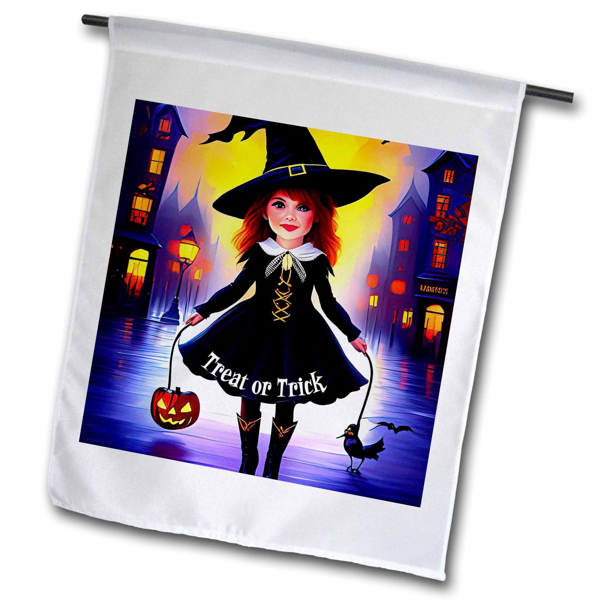 3dRose Charming witch girl in the city. Treat or trick Halloween card - Flags (fl-378855-1)