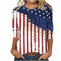 Todays Daily Deals Clearance 4th of July Cotton Shirt for Women 2024 American Flag Stripes Graphic 3/4 Sleeve Tops Independence Day Patriotic Crewneck Blouse Summer Tunic Tshirt Red and Blue T Shirts