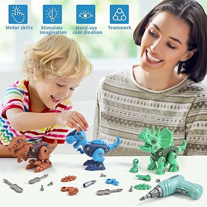 Piestol Dinosaur Toys for 3-5 5-7 Year Old Boys，Take Apart Dinosaur Toys for Kids with Electric Drill，Incl Tyrannosaurus Rex Triceratops Easter Basket Stuffers Gift(3 in 1)