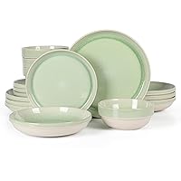 Sur La Table Kitchen Essentials Banquette 16 Piece Double Bowl Plates and Bowls Reactive Glaze Stoneware Dinnerware Set - Green