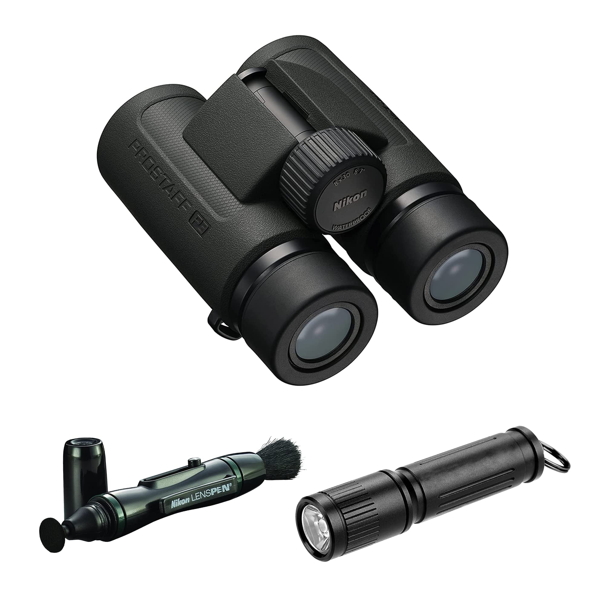 Nikon PROSTAFF P3 8x30 Waterproof Binocular for Adults | Small & Compact Travel Binoculars for Bird Watching | Lens Pen Cleaning System, & Flashlight Bundle Set