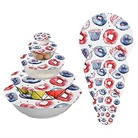 5 Pieces Reusable Bowl Covers Elastic Food Storage Cover Stretch Fabric for Proofing Bread Proofing Bowl Independence Day Red Blue Desserts Cakes