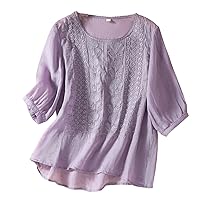 Women's 3/4 Length Sleeve Shirts, Floral Embroidered Blouse for Women, Cotton and Linen T-Shirt Lace Blouse Summer Pullover