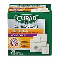 Curad SoothePlus Wound Care Kit with Arm & Hammer Baking Soda, Assorted Pack of Gauzes and Tape, 25 Count
