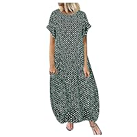 Baggy Crew Neck Dress for Women 2024 Summer Casual Comfy Cap Sleeve Tunic Beach Dresses Polka Dot Print Vacation Maxi Dress