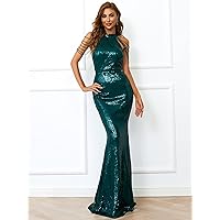 Women's Casual Ladies Comfort Dresses Halter Neck Sequin Mermaid Prom Dress Leisure Perfect Comfortable Eye-catching (Color : Dark Green, Size : X-Large)
