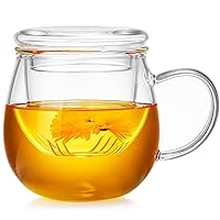 Glass Tea Cup with Infuser and Lid 13 fl oz, Heat Resistant Borosilicate Glass Tea Infuser Mug for Blooming and Loose Leaf Tea, Gas Stovetop Safe