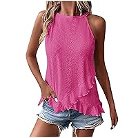 Eyelet Embroidery Tank Top for Women Crewneck Loose Fit Casual Summer Sleeveless Tops Ruffle Asymmetrical Hem Blouse