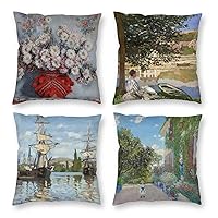 HOSTECCO Landscape Throw Pillow Cover Set of 4 Chrysanthemums Decorative Cushion Covers for Sofa Couch Bed Car Claude Monet Painting 16x16 inch