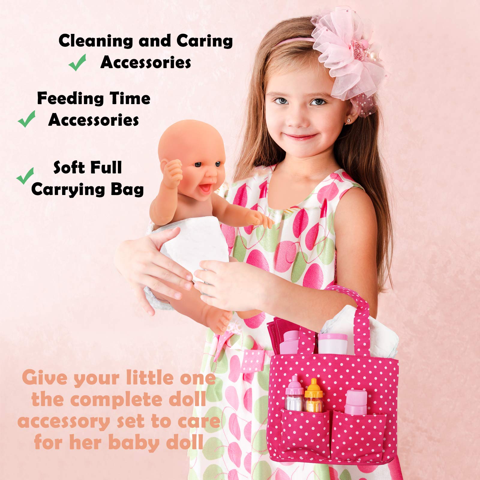 Click N' Play Baby Girl Doll Diaper Bag, Pink Soft Carrying Bag Including Cleaning, Caring, & Feeding Accessories - Bag, Baby Doll Diapers, Baby Doll Bottles for Feeding, Towel, Powder, Lotion, Wipes