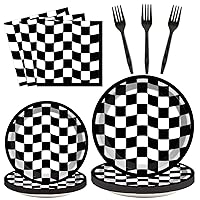 96 Pieces Black and White Checkered Tableware Set for Race Sports Themed Table Supplies Decorations Racing Car Dessert Plates Race-car Party Napkins Forks for 24 Guests Race Car Birthday Party Favors
