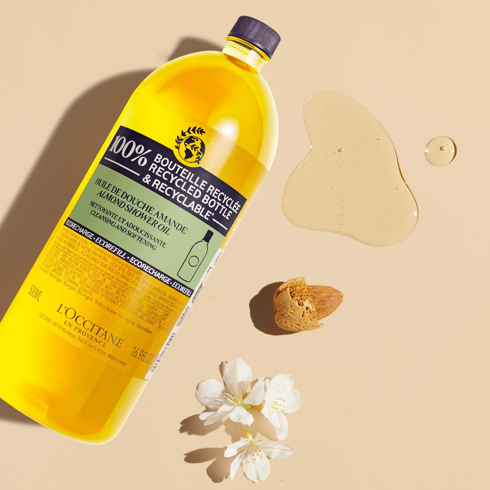 L'Occitane Cleansing & Softening Almond Shower Oil, Oil-to-Milky Lather, Softer Skin, Smooth Skin, Cleanse Without Drying, With Almond Oil