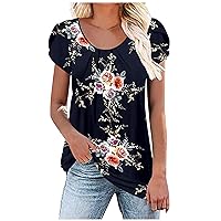 Womens Floral Petal Short Sleeve Tunic Tops Summer Round Neck Elegant T-Shirts Lounge Loose Fit Comfy T-Shirts for Leggings