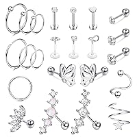 JeweBella 23PCS Tragus Helix Piercing Earrings Surgical Steel Piercing Stud Earrings for Women 16G 16G 6/8/10MM CZ Barbell Piercing Nose Piercing Helix Conch Daith Septum Hoop Piercing Jewellery